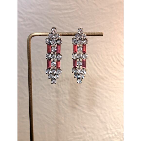 Vintage 1950s Art Deco Inspired Pink Baguette Drop Earrings - Picture 4 of 4